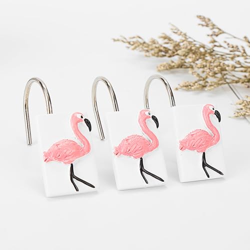 12 Pcs Pink Flamingo Shower Curtain Hooks - Waterproof Bathroom Decor