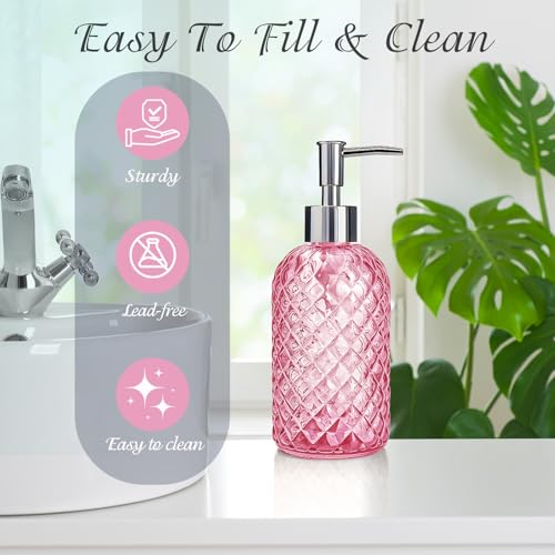 Pink Diamond-Textured Glass Soap Dispenser, 400ml Refillable Lotion Bottle