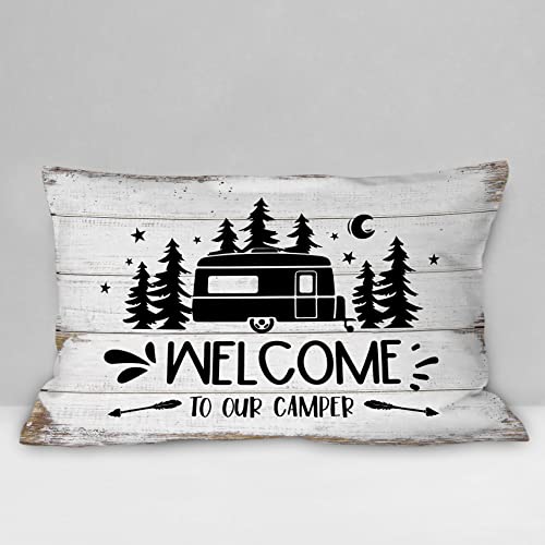 Rustic Welcome to Our Camper Throw Pillow Cover, 12x20 Inch Farmhouse Decor