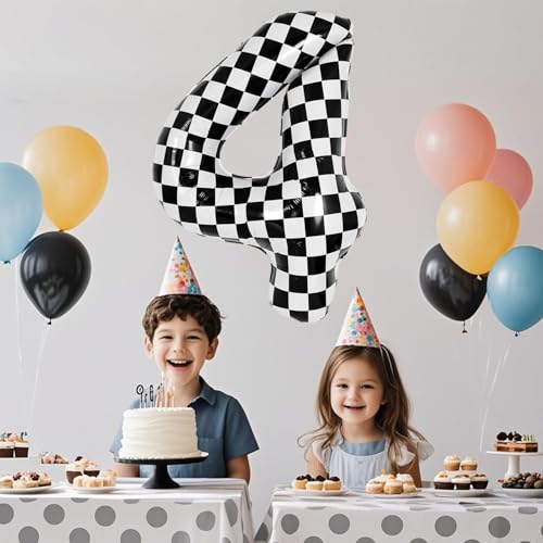 40 Inch Checkered Number 4 Balloon - Black & White Helium Decor