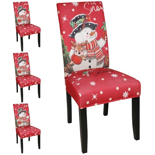 Christmas Chair Covers Set of 4 - Stretchable Snowflake Holiday Decor, Snowy Crimson