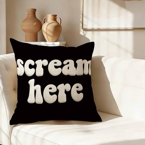 Scream Here Decorative Throw Pillow Cover, 18x18 Inch Retro Groovy Cushion Case