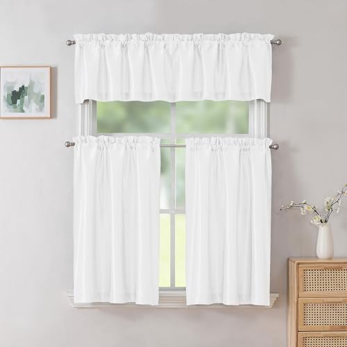 Chyhomenyc Uptown White Kitchen Curtains 30x30 Inch Pack of 2 Faux Silk Light Filtering Short Drapes for Small Windows