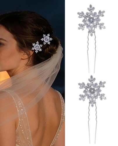 SICOPEE 2 Pack Crystal Snowflake Hair Pins Silver Bridal Accessories