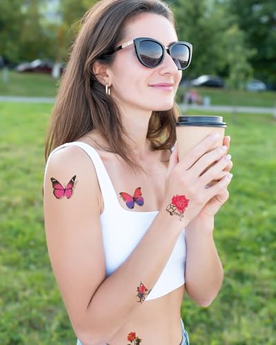 Watercolor Flower and Butterfly Temporary Tattoos - 100 Pack Waterproof Fake Tattoo Stickers for Women and Girls