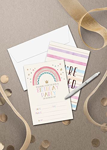 Pink Boho Rainbow Birthday Party Invitations with Envelopes, 4x6 Inches - 20 Pack