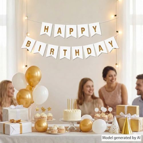 Elegant White Gold Happy Birthday Banner - Reusable Party Decor