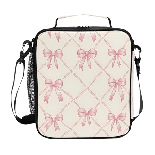 ALAZA Pink Bow Plaid Insulated Kids Lunch Box with Shoulder Strap - AB03