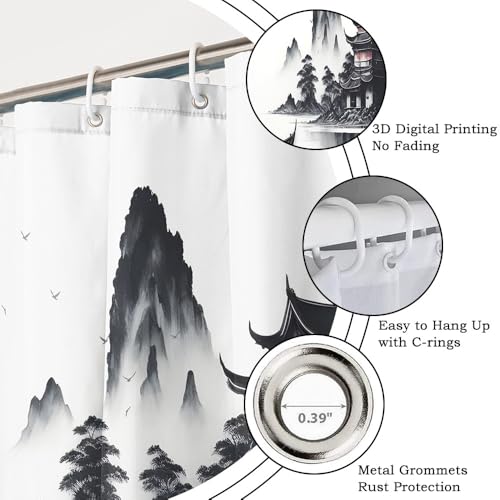 Watercolor Black Mountain Shower Curtain - 72x72 Inch Waterproof Polyester