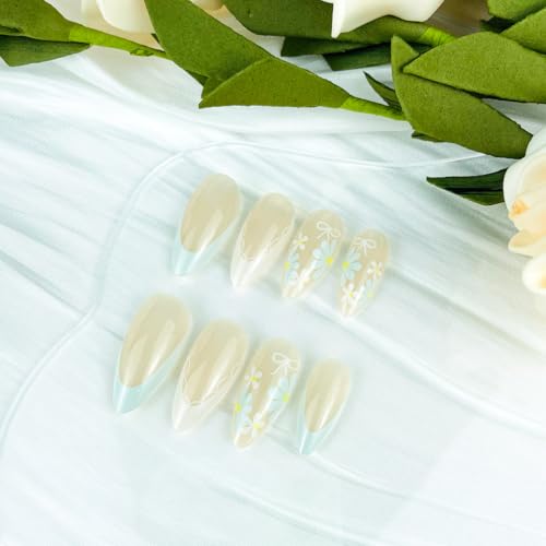 Green French Tip Press On Nails Medium Almond Floral Fake Nails