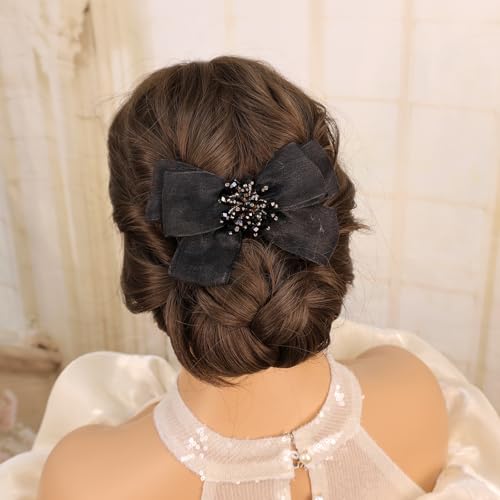 Pearl Flower Bow Hair Clip with Tulle and Crystals Black