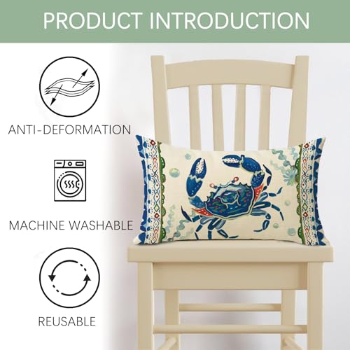 Coastal Crab Lumbar Throw Pillow Cover 12x20 - Cotton Linen