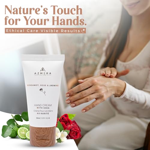 AZMERA Shea Butter Hand Cream - Ultra Hydrating Moisturizer for Dry Cracked Hands (Bergamot Rose & Jasmine, 30ml)