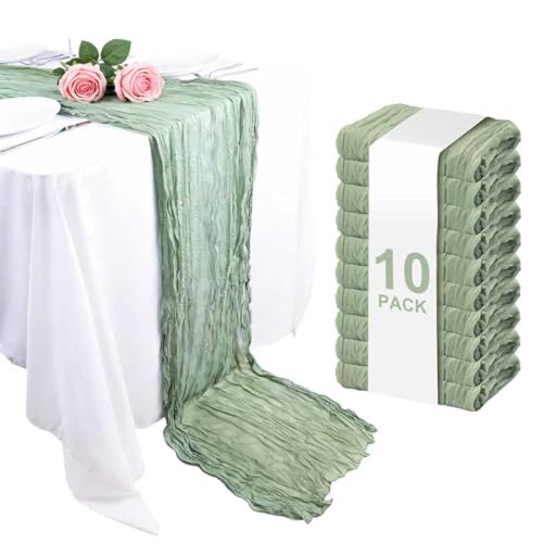 Sage Green Cheesecloth Table Runner 10 Pack - 35x120 Inch Semi-Transparent Boho Decor