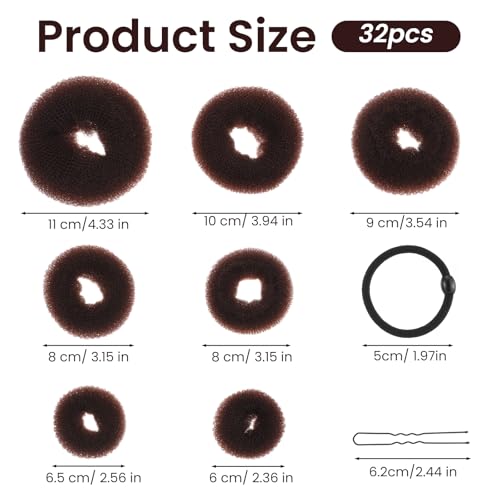 Shimmeroo 32-Piece Dark Brown Hair Bun Maker Set with 7 Donut Rings, Pins and Bands