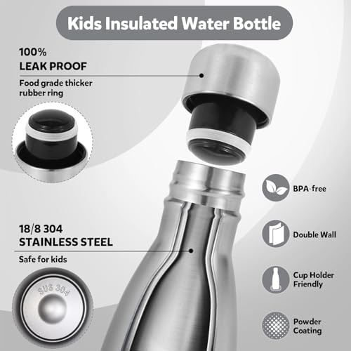Volhoply 12oz Stainless Steel Insulated Water Bottle - Silver, BPA-Free, Double Wall, Keeps Cold 24H & Hot 12H for Kids