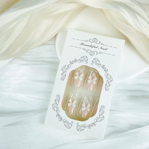 Press On Nails Medium Almond French Tip with 3D White Bow and Rhinestones