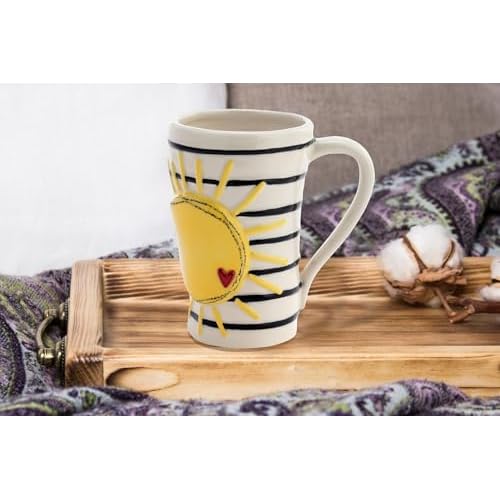 DEMDACO Bright and Cheery Sun and Stripes Sunshine Yellow on Black and White Backdrop 16 Ounce Ceramic Stoneware Coffee Cup Mug