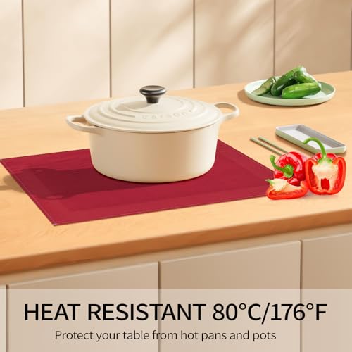 Red Placemats Set of 4 - 12x18 Inch Faux Linen Table Mats - Carethos