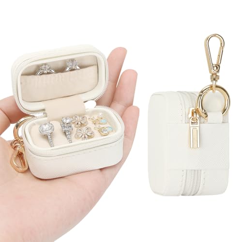 KUKUVR Small Travel Ring and Earring Box with Keychain - White