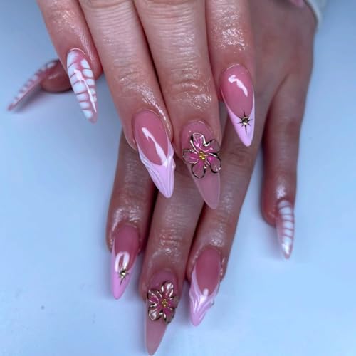 Teilihai Long French Tip Almond Press on Nails with 3D Flowers and Stars
