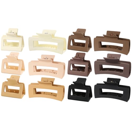 HXOGD Large and Small Square Hair Claw Clips Set, 12 Pack Neutral Matte Plastic