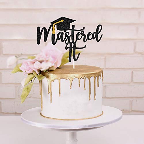 Black Glitter 'Mastered It' Cake Topper for Graduation Party