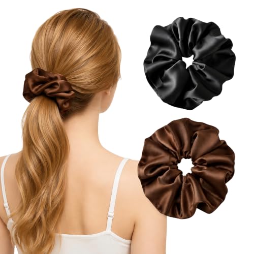 Satin Hair Scrunchies 2Pcs, Soft Silk Ponytail Holders No Damage Hair Ties