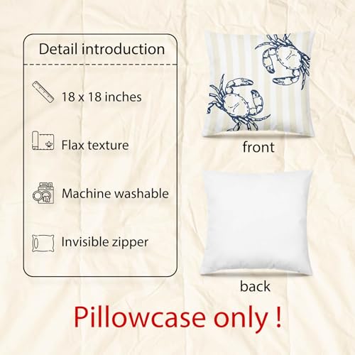 Coastal Beach Yellow Crab Pillow Cover 18x18, Linen Texture Throw Case