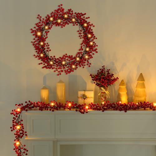 2 Pack 8.9ft Christmas Red Berry Garland with String Lights - Holiday Decor
