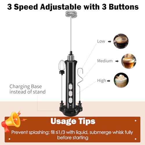 Rechargeable Handheld Milk Frother with 3 Speed Settings & Detachable Stainless Steel Whisks