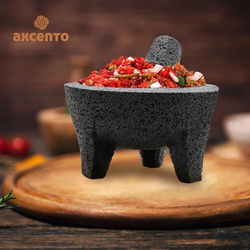Axcento Molcajete Mexicano 8-Inch Guacamole Bowl with Pestle and Mortar Bowl Set, Volcanic Rock Molcajete, Oven Safe, Handmade in Mexico, Includes Cutting Board and Instructions, 750ml - Black Stone