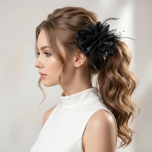 Black Rose Flower Hair Clip and Brooch with Feathers and Mesh