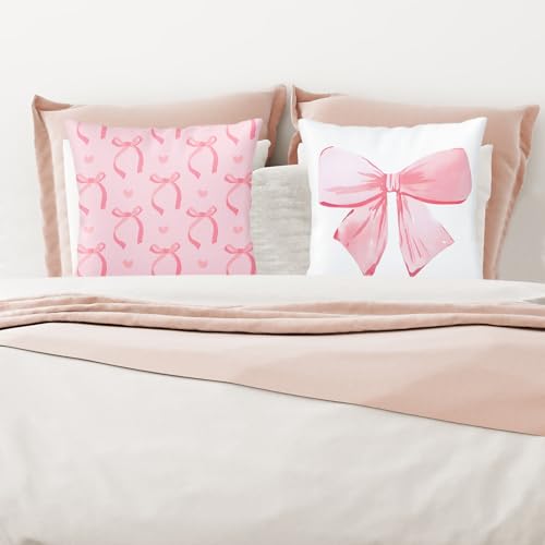 Pink Bow Pillow Covers Set - 2 Decorative 18x18 Cushion Cases