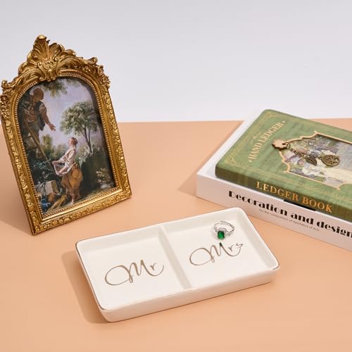 Mr. & Mrs. Ceramic Ring Dish - Engagement Gift for Couples, Wedding Ring Tray