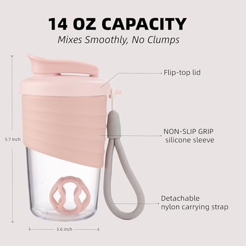 Pink Protein Shaker Bottle 14 oz | Leak-Proof with Grip Strap