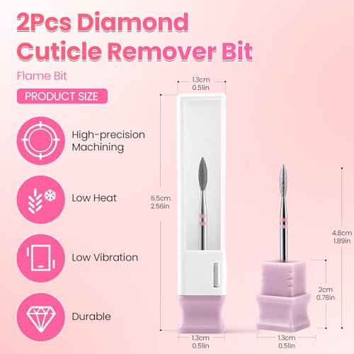 BQAN 2 Pcs Diamond Cuticle Remover Nail Drill Bits, Fine Grit Flame Bit