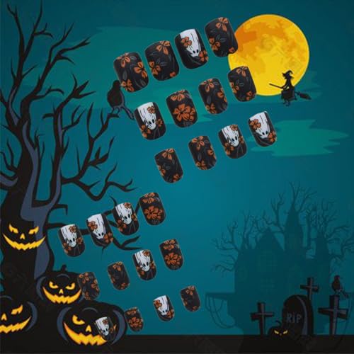 Ghost Press on Nails Matte Orange Flower Acrylic Short Square False Nails
