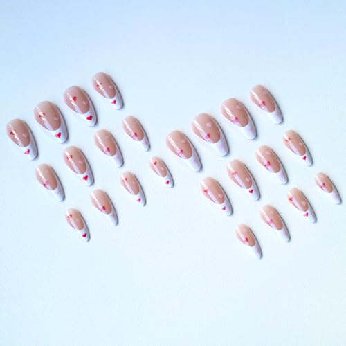 Valentine Long Almond Press On Nails with White French & Red Hearts