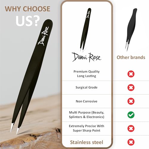 DEMI ROSE Pointed Precision Tweezers - Stainless Steel Fine Point Needle Nose Tweezers for Ingrown Hair, Splinters, and Eyebrows (Black)
