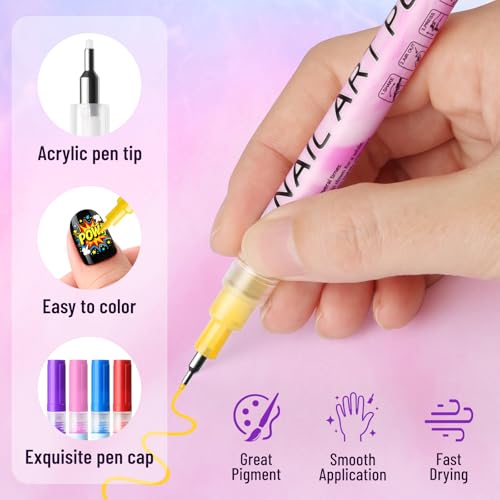 NUNUDA 12 Colors Nail Art Pens Set - 0.5mm Waterproof Quick-Drying Markers