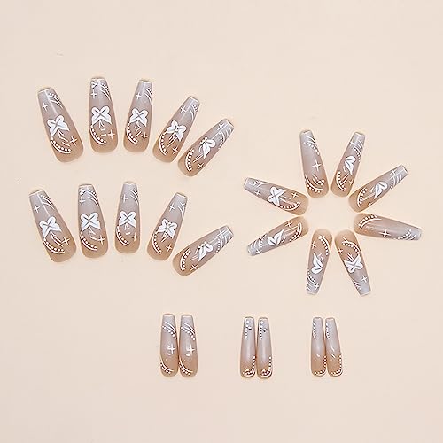 Press on Nails Long Coffin French Nude Pink Butterfly Fake Nails