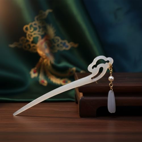 Chinese Acetate Jade Hair Stick with Tassel Flower Pendant