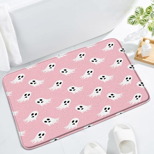 Spooky Pink & Black Ghost Bath Mat 1'6" x 2'6" - Cute Gothic Decor