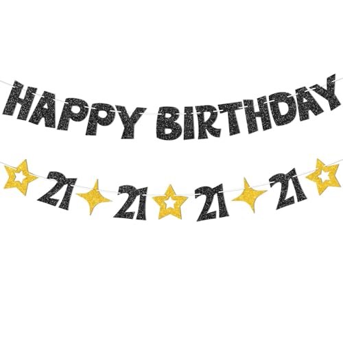 Black and Gold 21st Birthday Banner - Pre-Strung Glitter Party Decoration