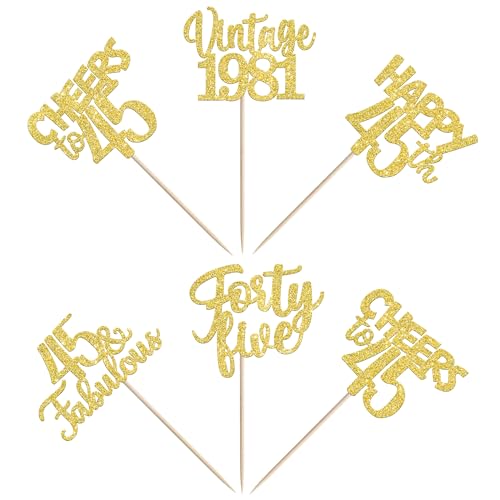 30PCS 45th Birthday Cupcake Toppers Vintage 1981 Gold Glitter Picks