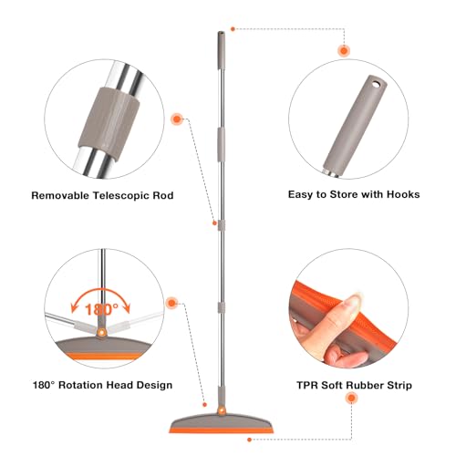 Silicone Air Broom with Long Handle - Adjustable Rubber Sweeper, Gray Orange