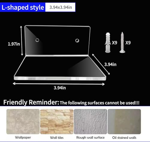 4-Inch Clear Acrylic Floating Wall Shelves - Set of 4 Small Display Ledges