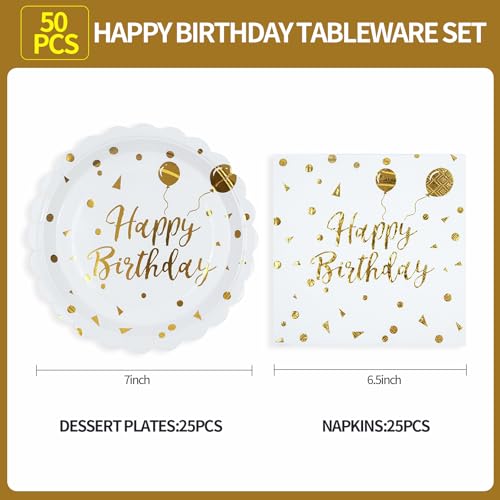 Happy Birthday Paper Plates and Napkins Set, White and Gold, 50PCS