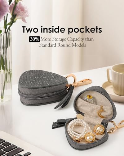 COOLYOUTH Travel Jewelry Case with Keychain Mini Leather Pouch Grey
